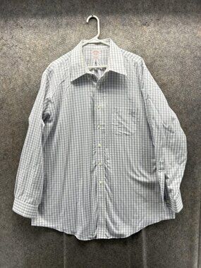 Brooks Brothers Dress Shirt Mens 17.5 35 Blue Check Classic Non Iron Cotton